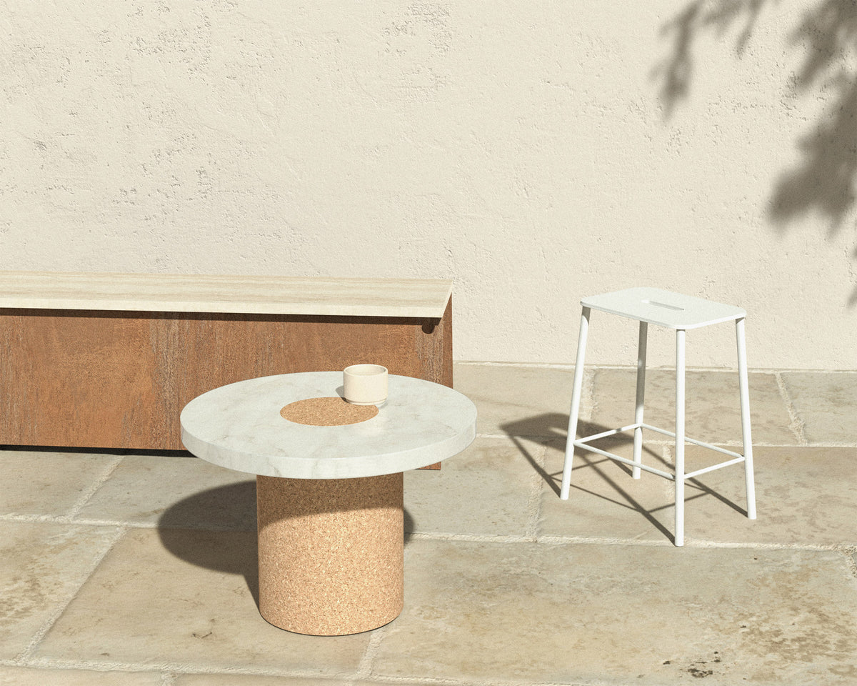 64 Bench | Corten Steel / Travertine – FRAMA